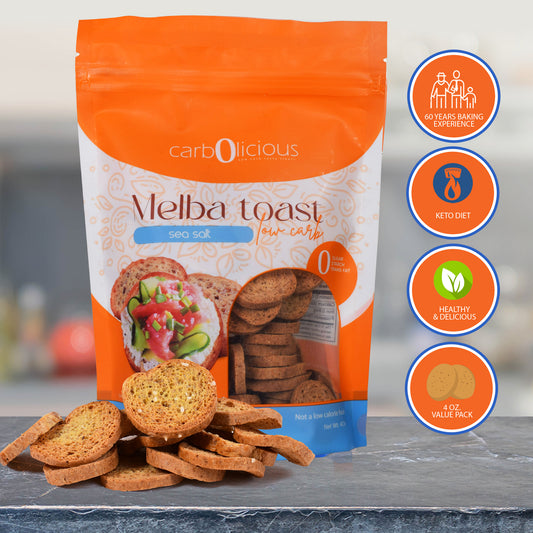Carbolicious Melba Toast Low-Carb Sugar Free (Sea Salt), 4oz - 1 Pack. Only 1 Carb for 8 Slices!