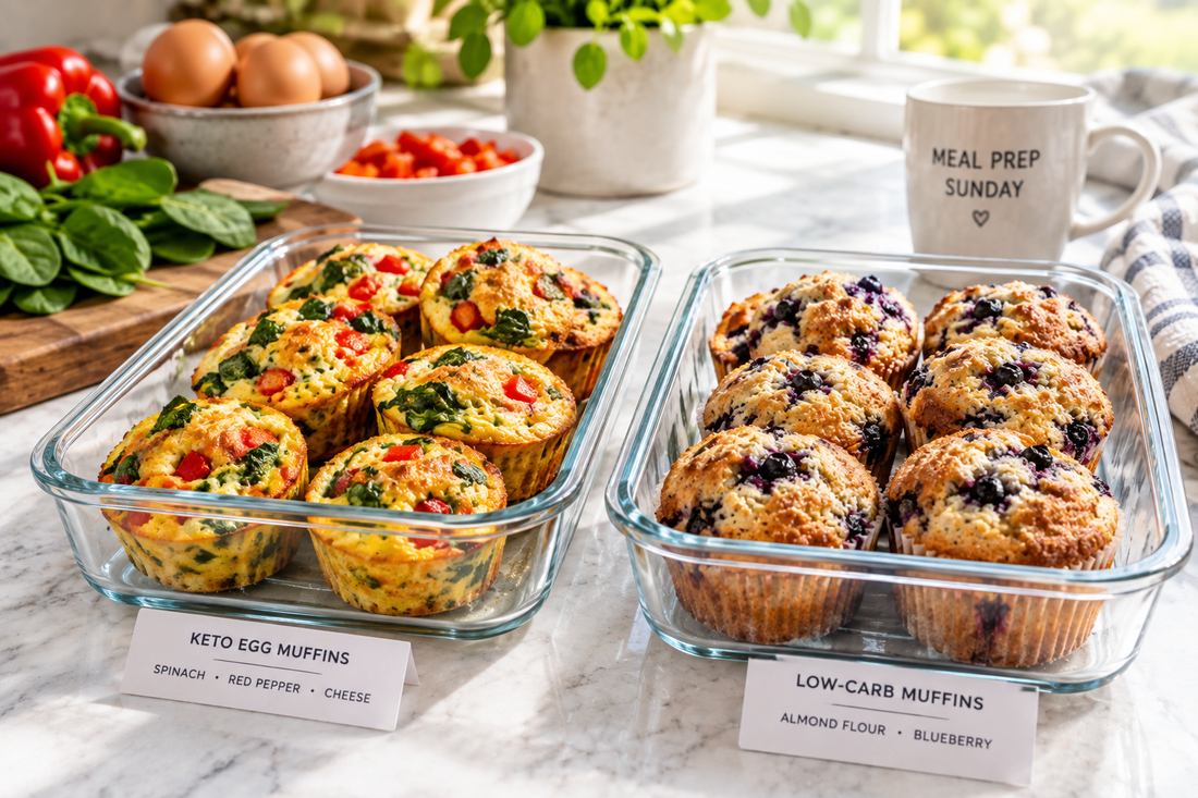 Keto egg muffins and low-carb baked muffins arranged in meal prep containers.