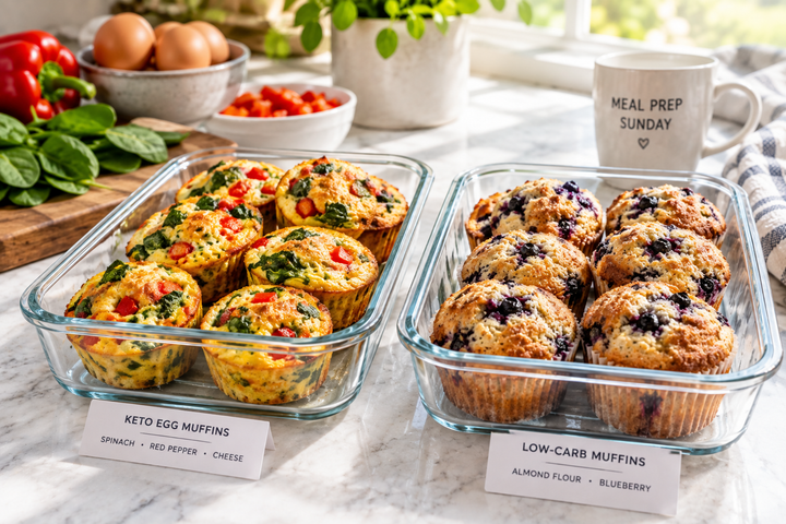 Keto egg muffins and low-carb baked muffins arranged in meal prep containers.