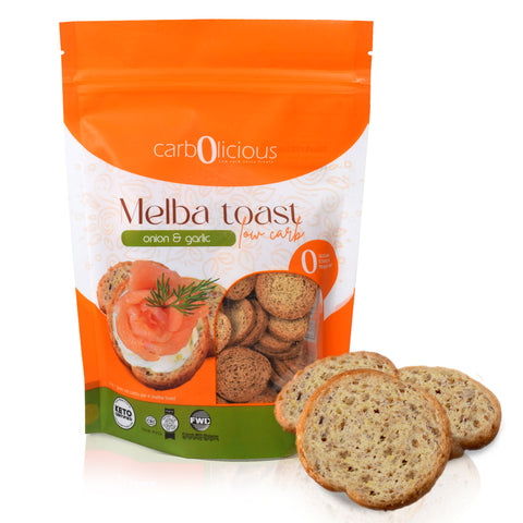 Low Carb Melba Toast (ONION & GARLIC) 4 oz. -  1 Pack.  Only 1 Carb for 4 Slices!