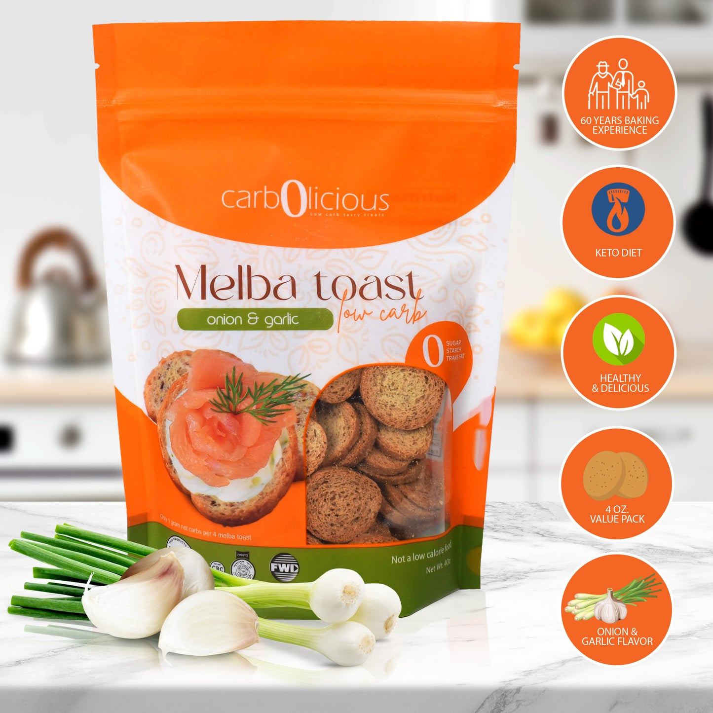 Carbolicious Melba Toast Low-Carb  Sugar Free (ONION & GARLIC) 4oz 1g net carbs per 8 Slices