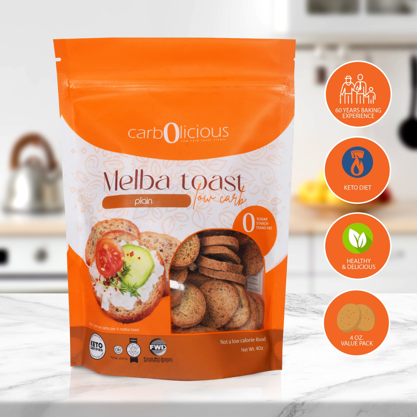 Carbolicious Melba Toast Low-Carb Sugar Free (PLAIN) 4oz 1g Net carbs per 8 slices