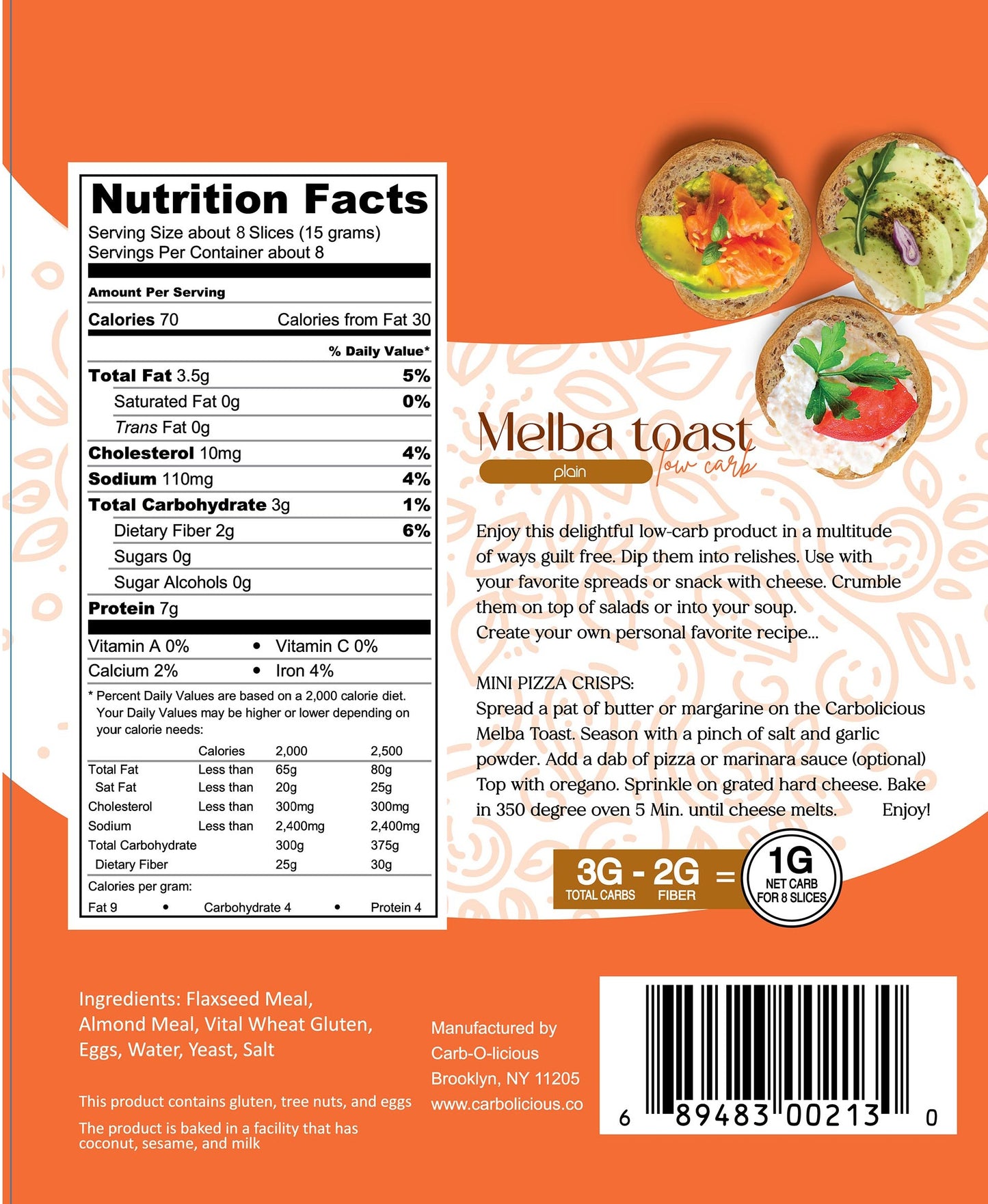 Carbolicious Melba Toast Low-Carb Sugar Free (PLAIN) 4oz 1g Net carbs per 8 slices