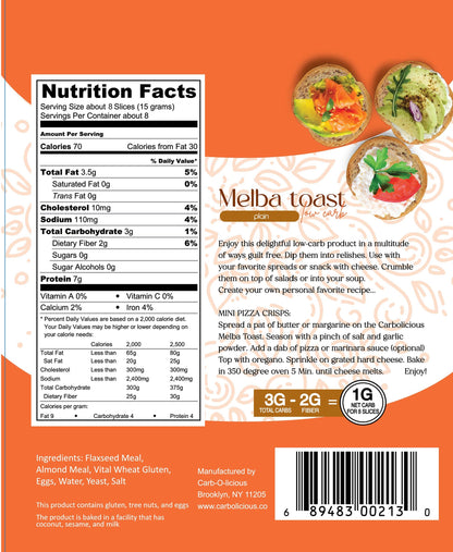Carbolicious Melba Toast Low-Carb Sugar Free (PLAIN) 4oz 1g Net carbs per 8 slices