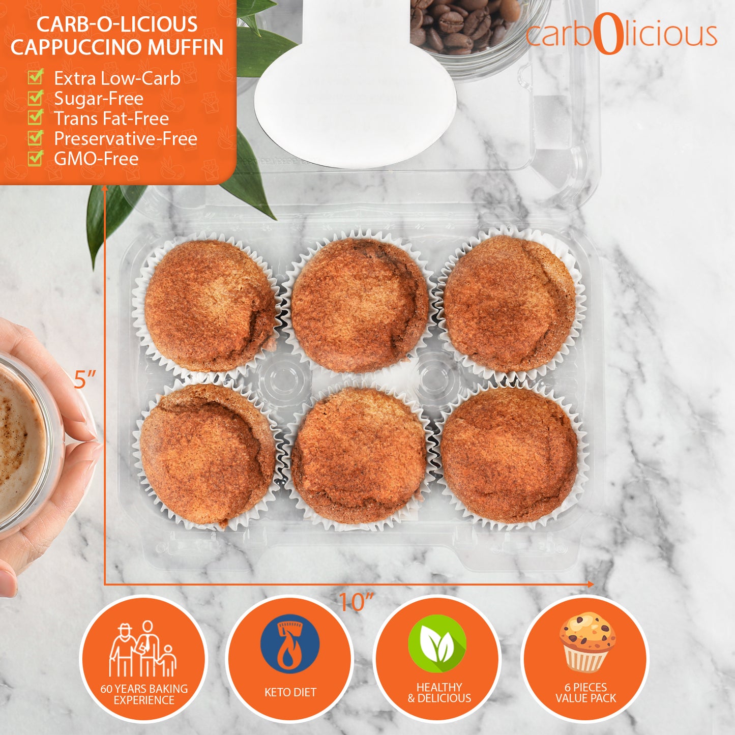Carbolicious Cappuccino Muffin Low-Carb Sugar Free Keto Friendly 6 Pack 2g Net Carbs.