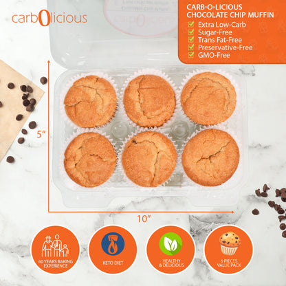 Carbolicious Chocolate Chip Muffin Low-Carb Sugar Free - 6 Pack - Only 3g Carbs per Muffin! Keto Atkins Friendly